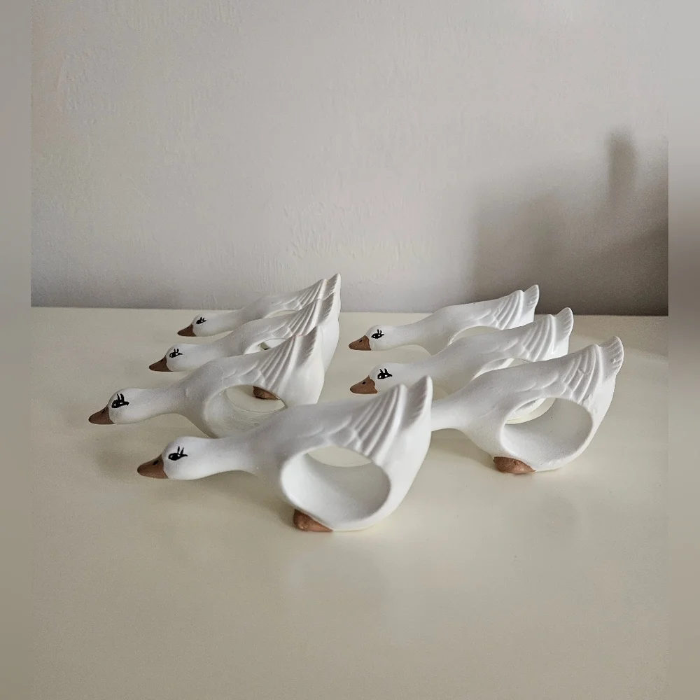 White Hand Painted Ceramic Goose Napkin Rings x 7